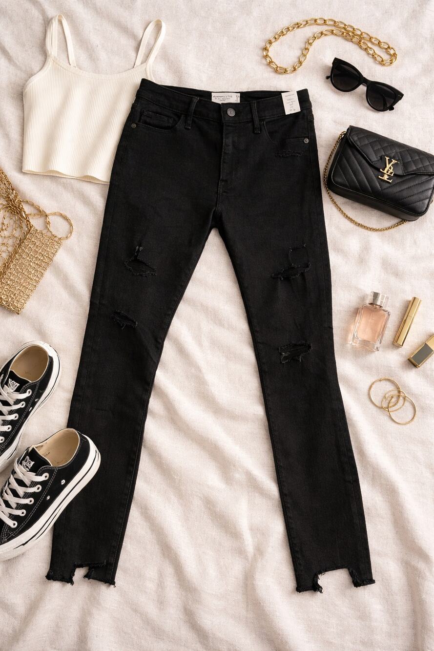 NWT Abercrombie & Fitch Mid Rise Super Skinny Ankle Jeans Distressed Black 27/4S
